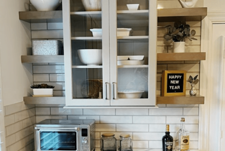 Open shelving in a kitchen has pros and cons.